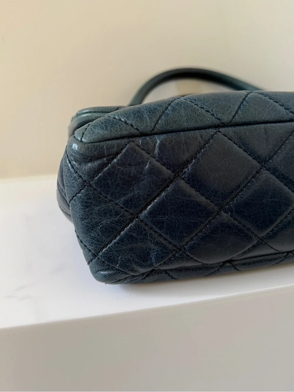 CHANEL Quilted Shoulder Top Handle Bag in Dark Teal with Gold Hardware